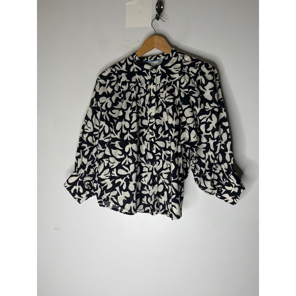 Danielle Knoll Anthropologie Whimsy Bird Black White Button Down small boho